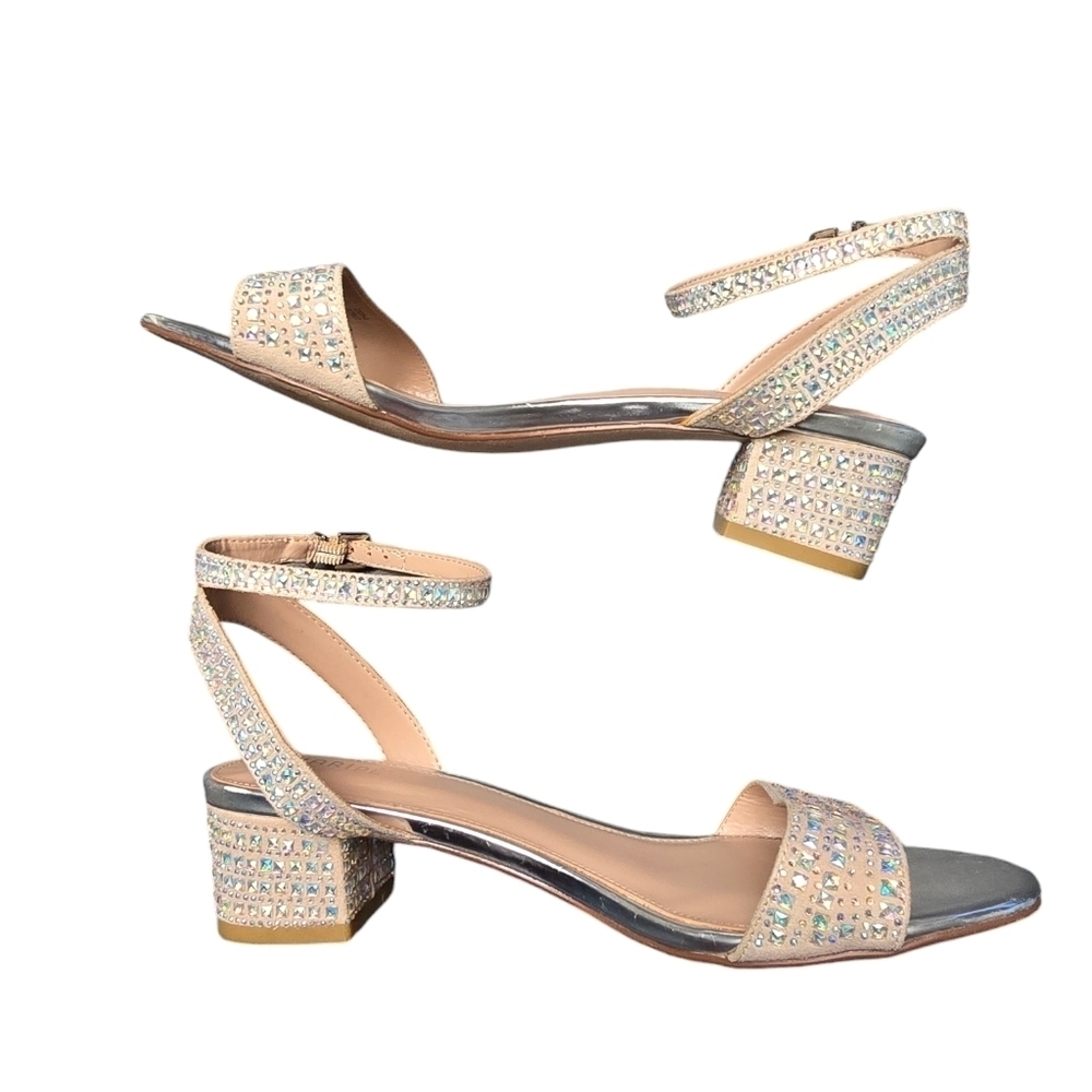 Maripe Strut Rhinestone Faux Suede Low Block Heel Sandal Dress Shoe Sz. 9.5 - Picture 4 of 9